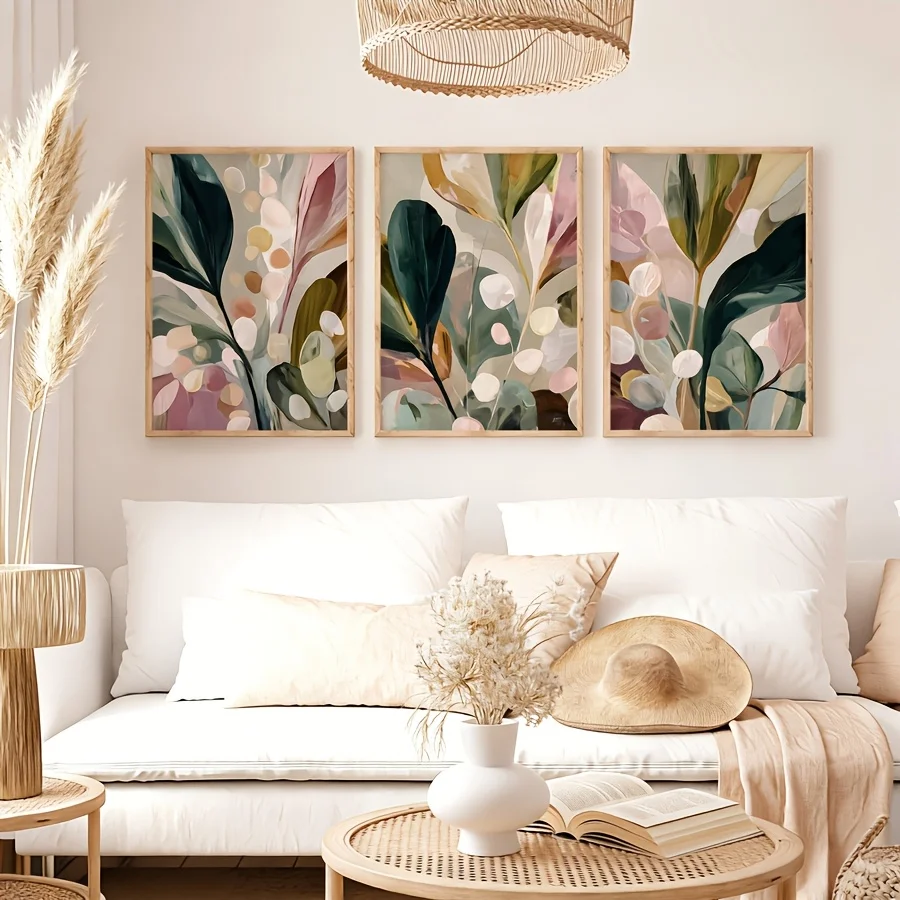 Abstract Canvas Set - 大型サイズ、3枚1セット、ボヘミアン調、ニュートラルなアースカラー、抽象的な植物のキャンバスプリント、水彩画風の緑の葉の壁掛けアートポスター、モダンなインテリアに。
