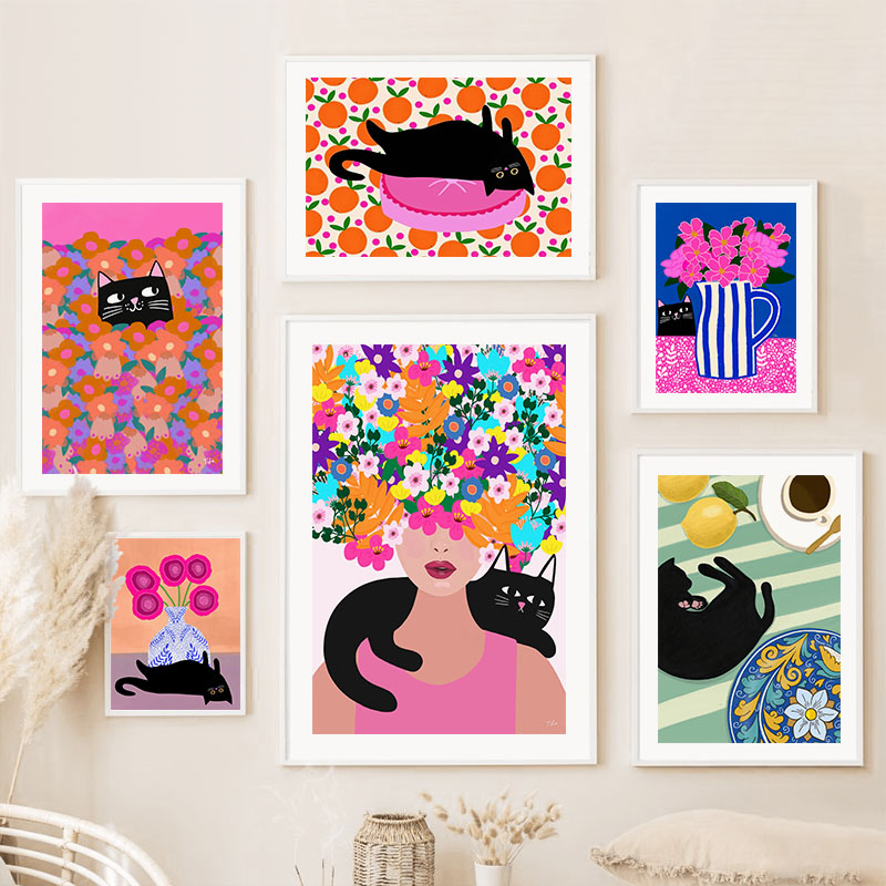 Vase Decor - 自由奔放に生きる抽象的な女の子花瓶花黒猫イラスト壁アートキャンバス絵画北欧ポスター & プリント写真リビングルームの装飾