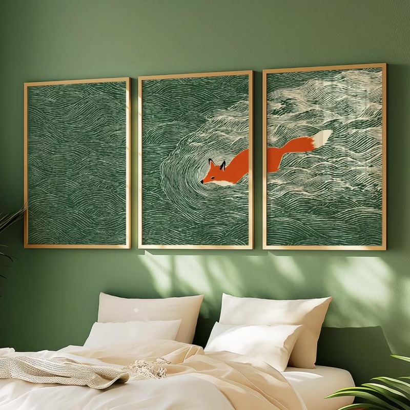 Abstract Canvas Set - フレームレスキャンバス絵画3枚セット 日本の狐と海のウォールアートセット | グリーンウェーブ三連画 | 3枚のポスター