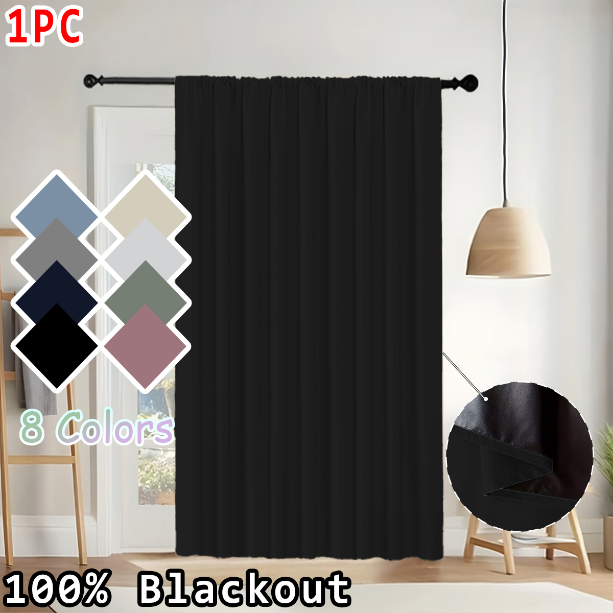 Interior Design Living Room - シンプルな無地の100％遮光カーテン1枚、ロッドポケットカーテン、軽量、洗濯可能、オールシーズン対応、リビングルーム、寝室、オフィス、遮光装飾に最適。