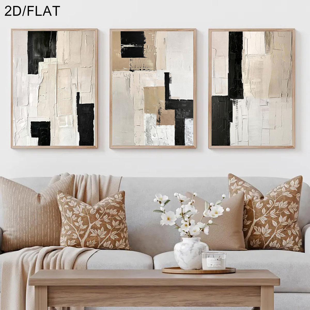 Abstract Canvas Set - 3枚セット フレームレス、モダンな抽象的なベージュと黒のキャンバスポスター - リビングルームと寝室の装飾用のフレームなしミニマリストポスター