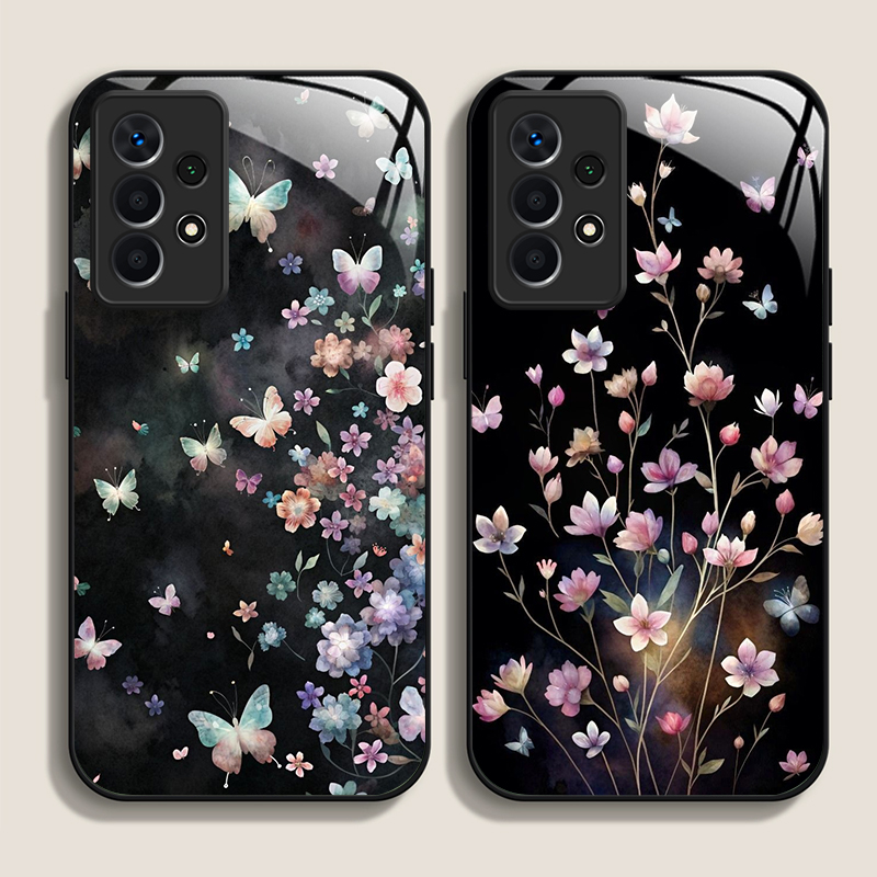 Vase Decor - ヴィンテージ風花柄蝶々フラワーデザイン強化ガラス製スマホケース Samsung Galaxy A56 A72 A55