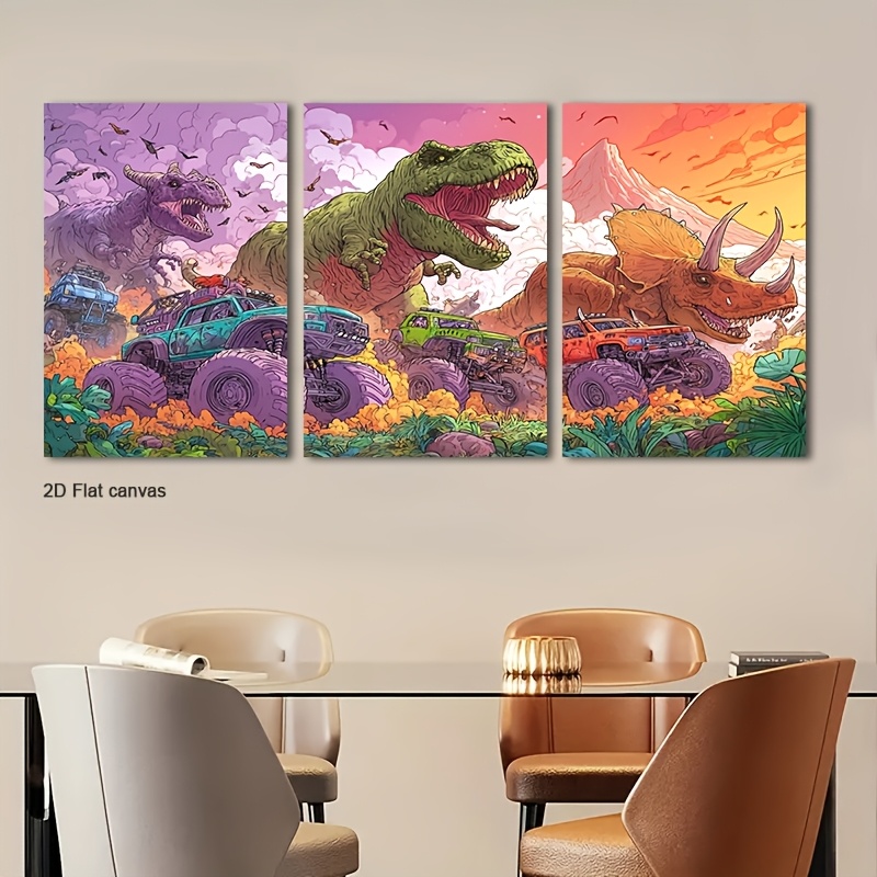Abstract Canvas Set - フレームレスキャンバス2Dフラット、2Dフラット、2Dフラット3枚セット。恐竜とモンスタートラックをモチーフにした2Dフラットキャンバスアートワーク。