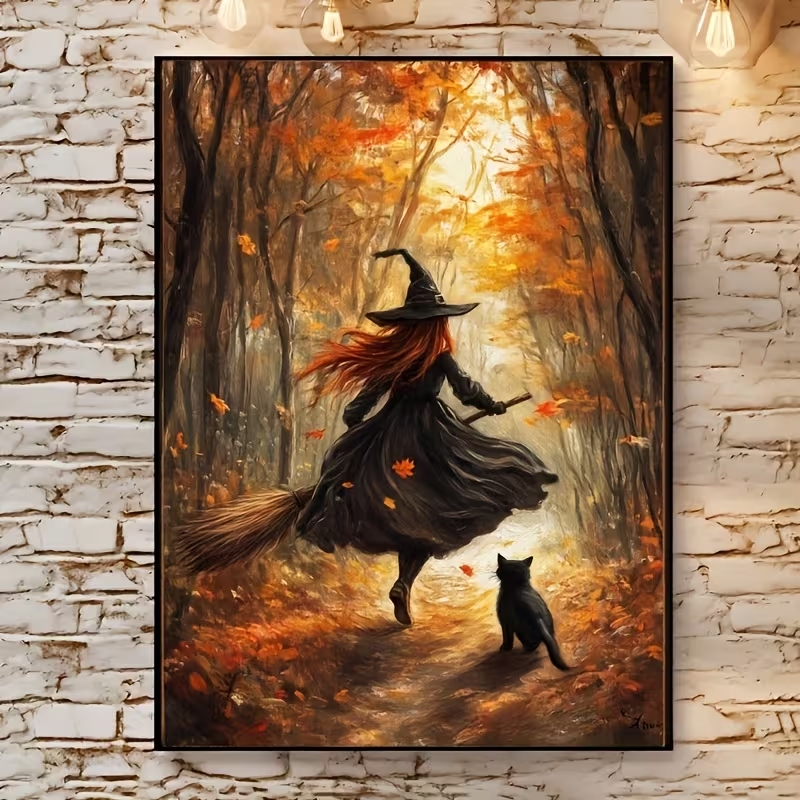 Interior Design Living Room - レトロなハロウィン秋の魔女がほうきに乗る壁アートプリントキャンバス絵画ポスター、リビングルーム、寝室の家の装飾に。