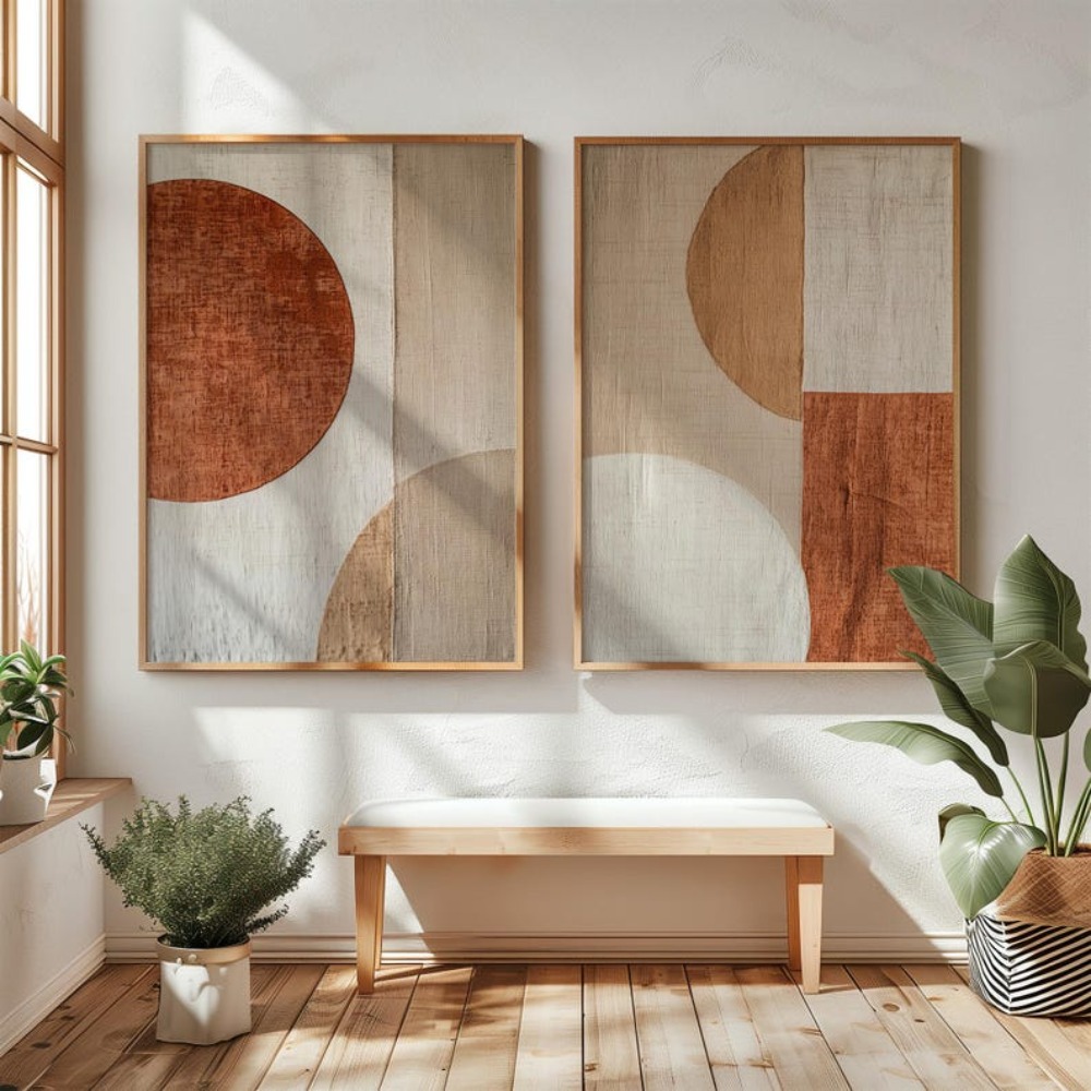 Abstract Canvas Set - フレームレスキャンバス絵画2枚セット ベージュの抽象的な幾何学模様カラーブロックキャンバスプリント ミニマリストクレイアートテクスチャウォールアートP