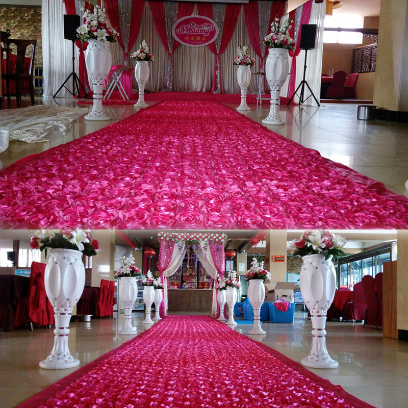 Table Runner - 10ヤードサテン生地3Dローズフラワーアイルランナーレッド結婚式ウェディングカーペットカーテンパーティーバックドロップテーブルカバー生地装飾