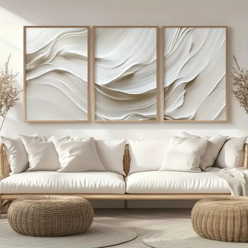 Abstract Canvas Set - 3 ピース/セットニュートラルベージュシンプルなウォールアート、波状抽象キャンバスプリント絵画、モダンな壁の装飾オフィスカフェバーホームデコレーション