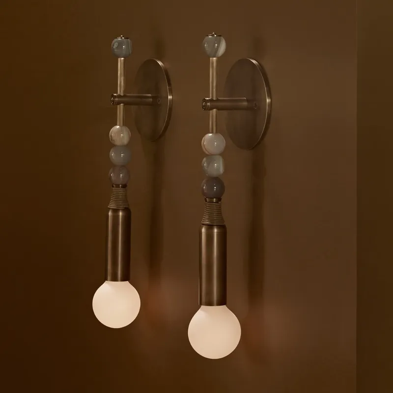 Interior Design Living Room - 北欧ヴィンテージ風インテリア装飾デザイン、リビングルーム、寝室、ホテルのベッドサイドライト、真鍮製ストーンガラスシェードウォールランプ