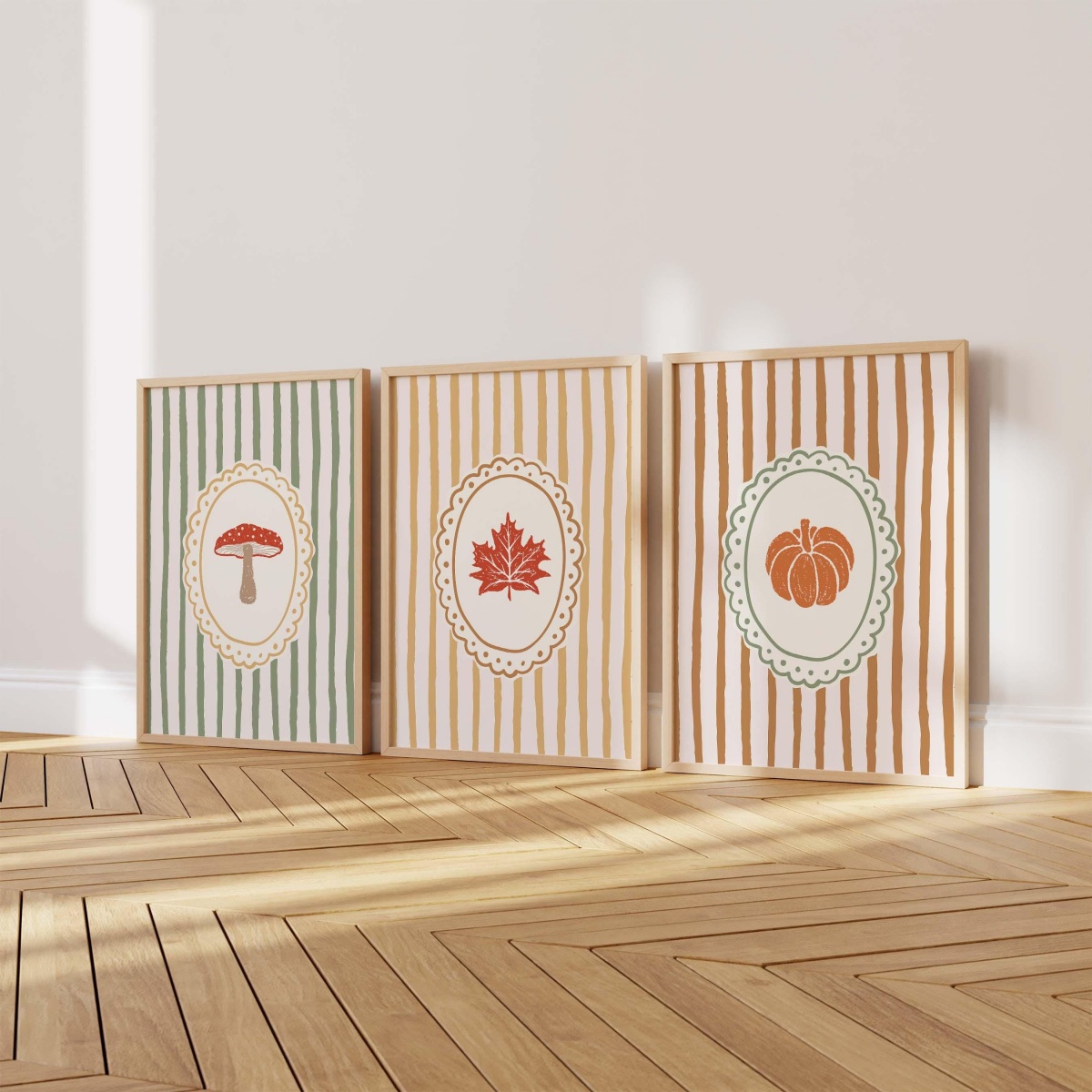 Abstract Canvas Set - 3枚セット 秋のストライプ柄キノコ・カボチャ・カエデの葉のキャンバスプリント ポスター 素朴で居心地の良い感謝祭のアートプリント 秋のホームデコレーション