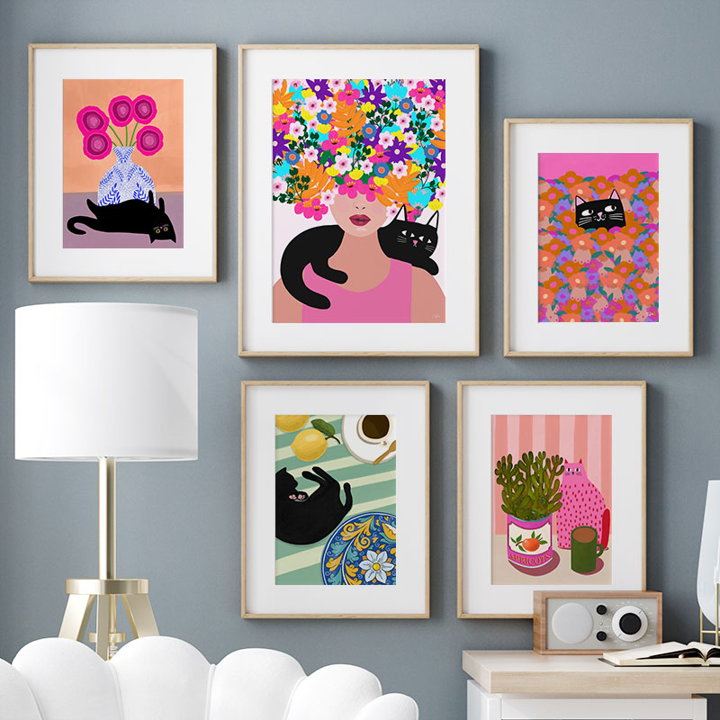自由奔放に生きる抽象的な女の子花瓶花黒猫イラスト壁アートキャ - Vase Decor のレビューと価格