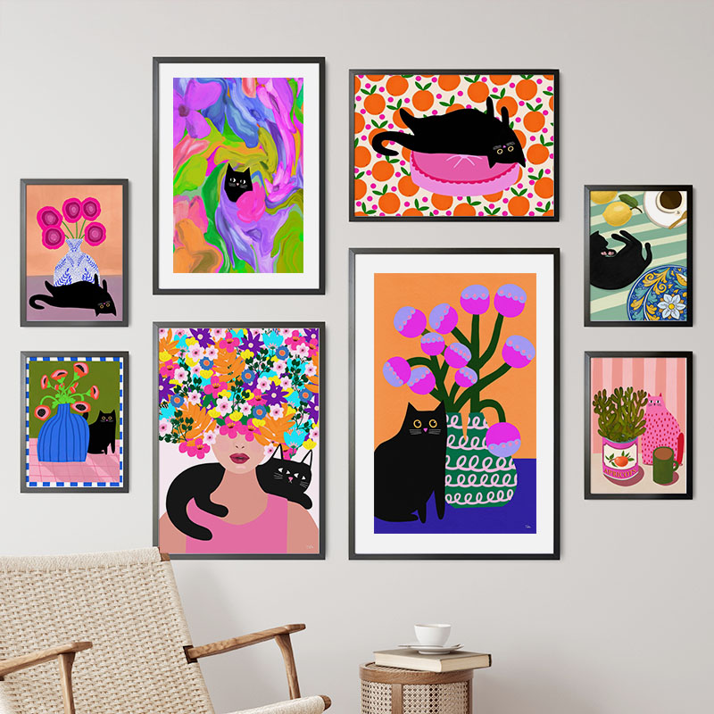 自由奔放に生きる抽象的な女の子花瓶花黒猫イラスト壁アートキャ - Vase Decor のレビューと価格