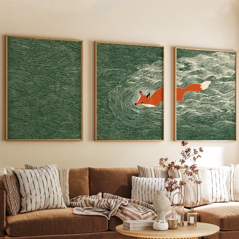 フレームレスキャンバス絵画3枚セット 日本の狐と海のウォール - Abstract Canvas Set のレビューと価格
