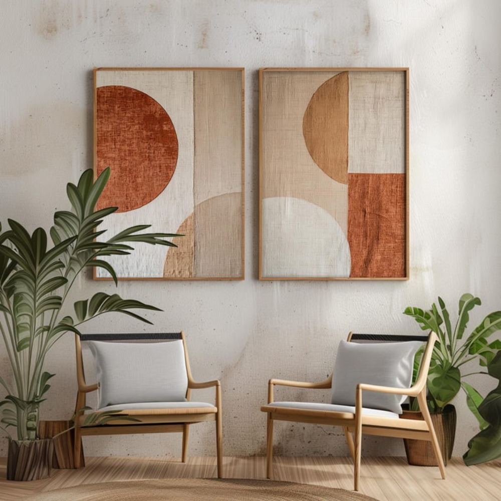 フレームレスキャンバス絵画2枚セット ベージュの抽象的な幾何 - Abstract Canvas Set のレビューと価格